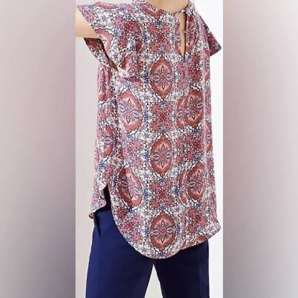 LOFT Large Floral Tile Double Bar Back Flutter Top - Picture 3 of 13